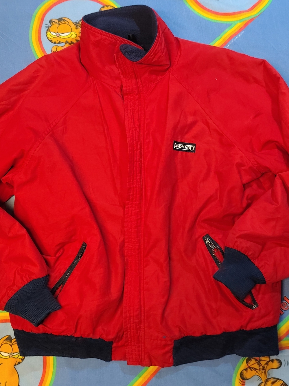 Vintage Lands End Squall Jacket Mens M Red Navy Blue Fleece Lined Windbreaker